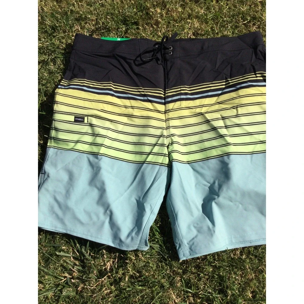 O'Neill Boardshort Men's Swim Trunks Shorts Black Yellow‎ Blue Stripes size 34
